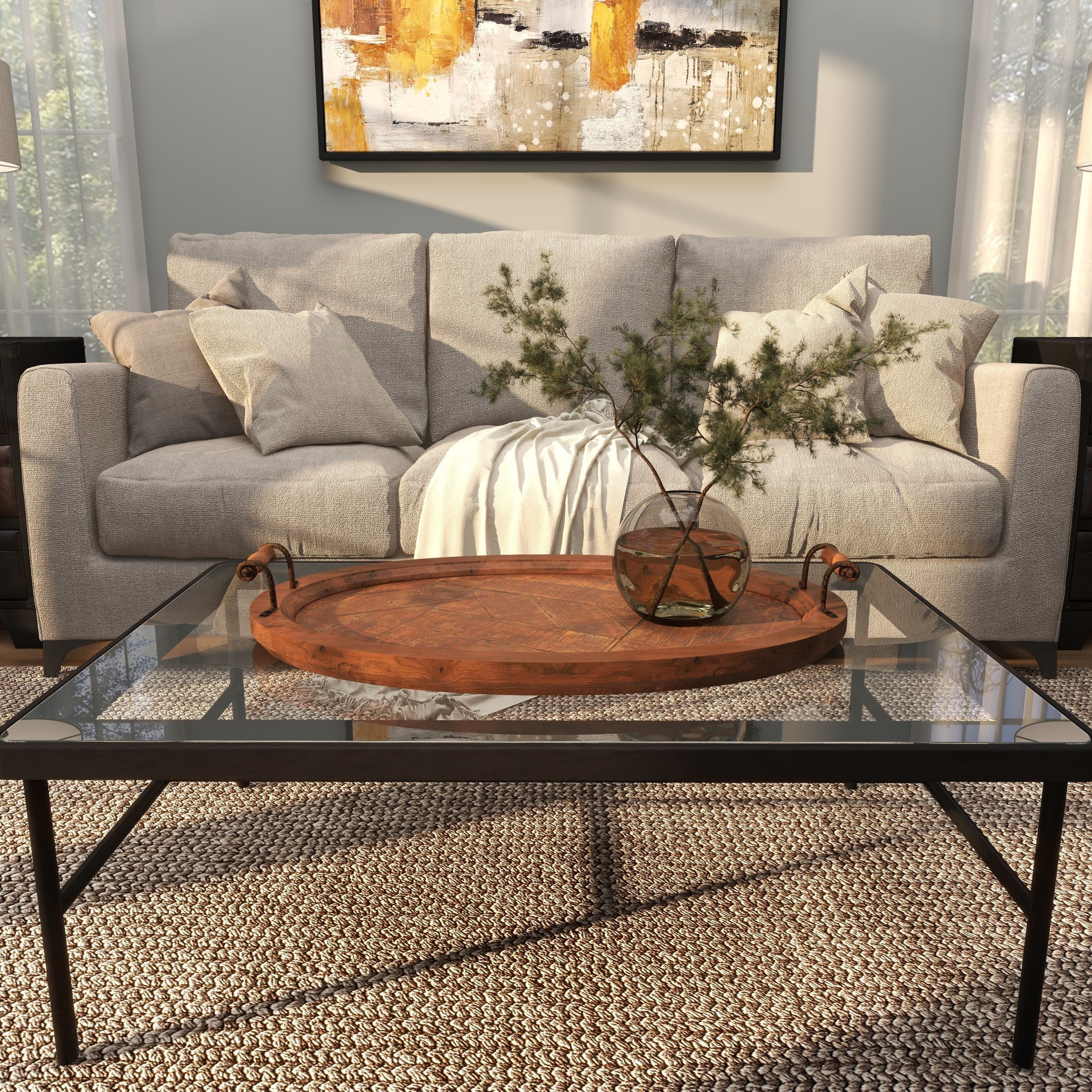 DecMode 29" x 19" Brown Wood Large Oval Tray with Scroll Metal Handles, 1-Piece