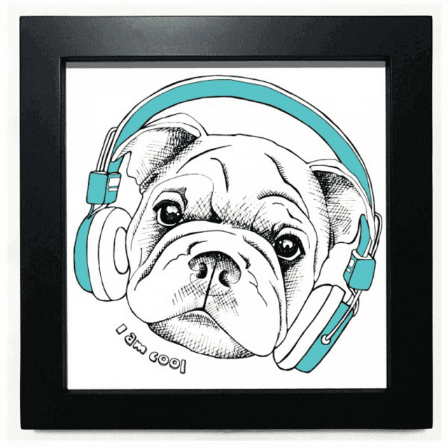 Casque Musique Sons Vitalité Chien Cadre Carré Noir Image Murale Table