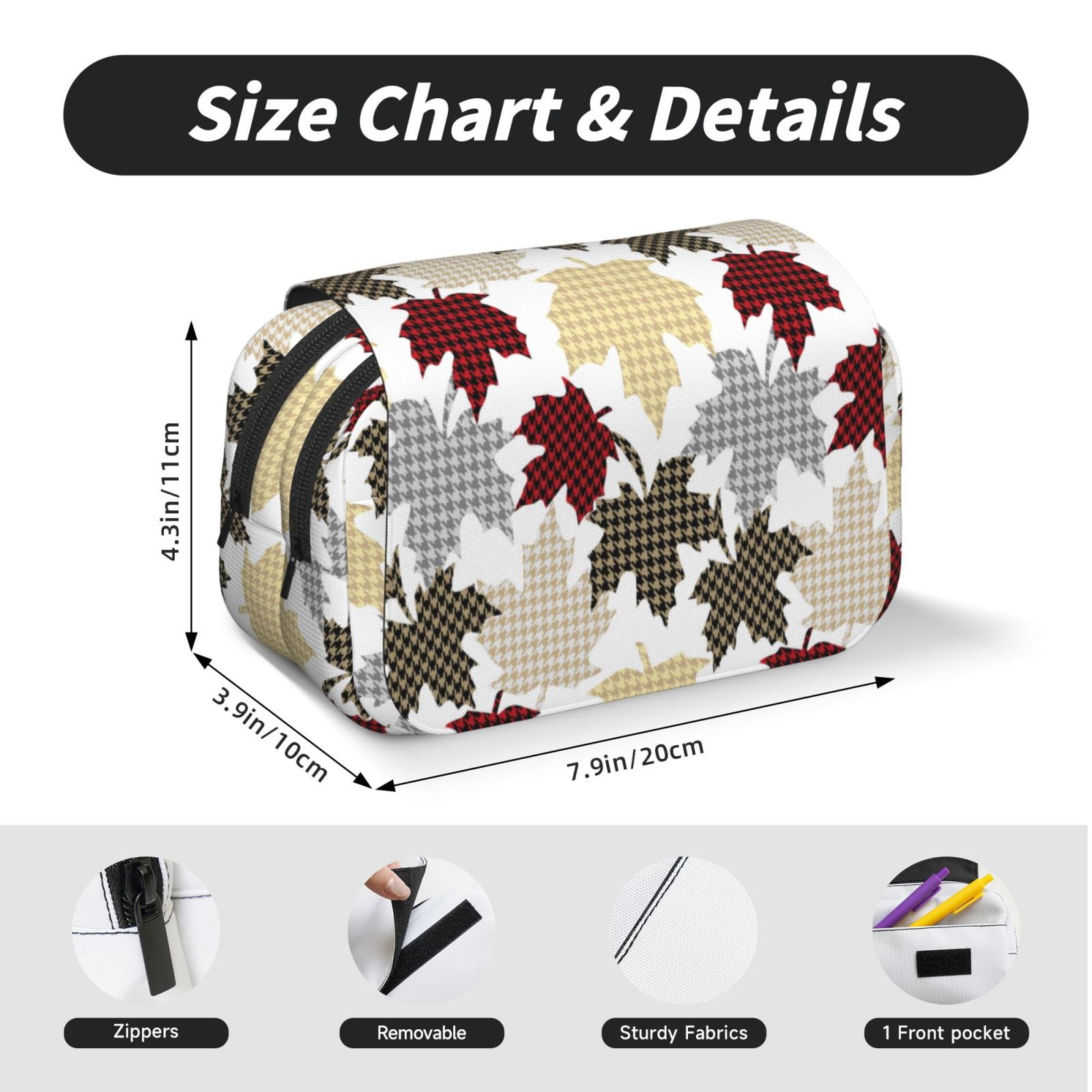 Rateoe maple leaves Pattern Double Clamshell Pen Case, Storage Organizer with Two Zipper Compartments– Holds Up to 50 Pencils & Pens