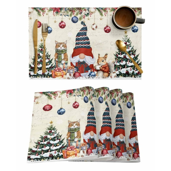 Christmas Gnome Placemats Set of 8 Squirrel Cat Poinsettia Xmas Tree Beige Heat Insulation Washable Place Mats, Rustic Non-Slip Table Mats for Dining Table Party Kitchen Decor,13x19 Inch