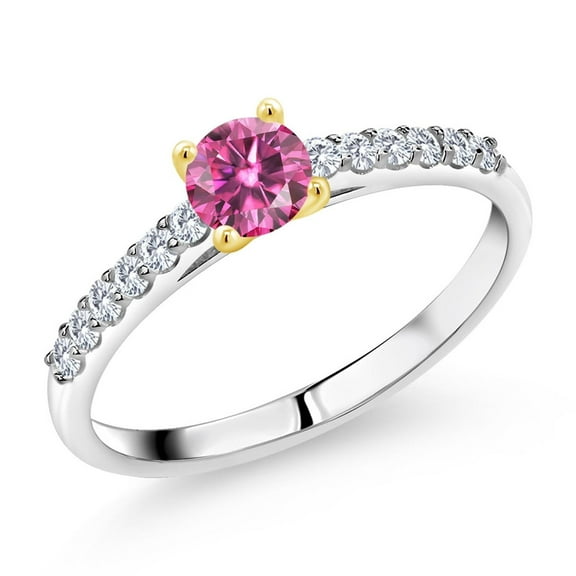 Gem Stone King 925 Silver and 10K Yellow Gold Pink Moissanite and Lab Grown Diamond Engagement Ring for Women | 0.68 Cttw (Size 5)