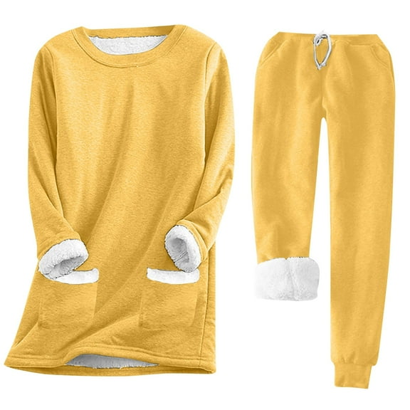 Women Warm Sherpa Lined Fleece Crewneck Sweatshirt And Pants Pullover Loungewear Set Yellow M