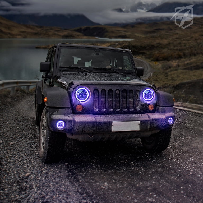7'' RGB LED Halo Headlights Fog Lights Combo Kit For Jeep Wrangler JK