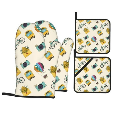 

Oven Mitts and Pot Holders Sets 4 pcs Travel elements Non-Slip Oven Gloves Potholders Soft Quilted Lining Heat Resistant Gloves Hot Pads for Kitchen Cooking Baking