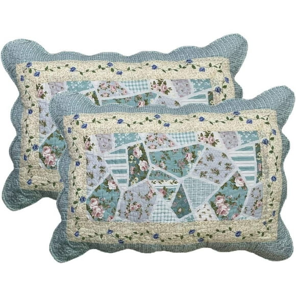 2-Piece Boho Cotton Quilted Bed Pillow Shams Floral Printed Patchwork Pillow Shams Set, Standard Size (1221 Blue, 20"x28")