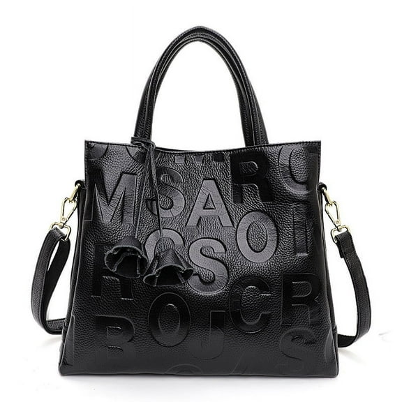 Aidrani  Large Capacity Genuine Leather Women's Handbag Black Letter Cowhide Commuter Shoulder Bag