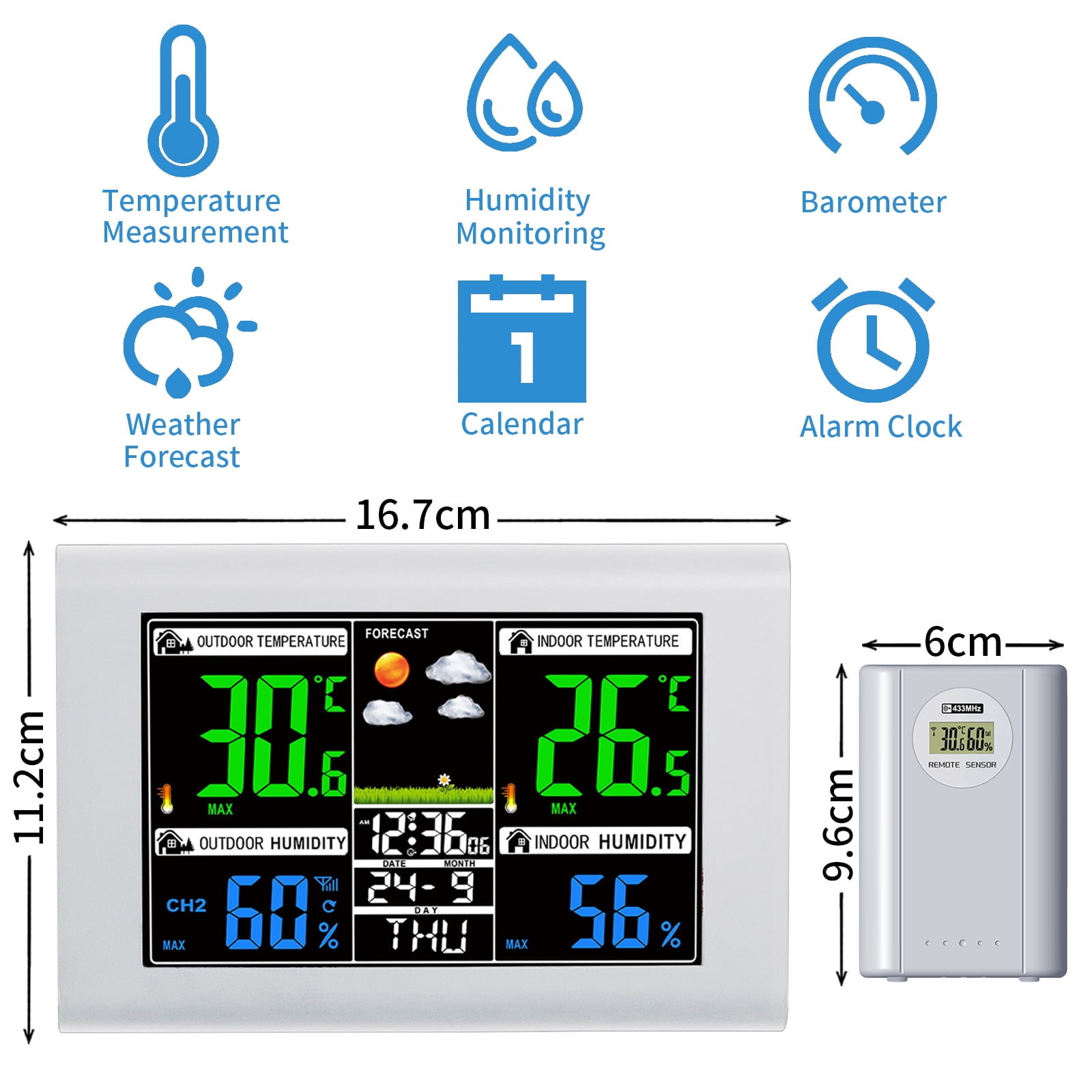 Weather Station Wireless Indoor Outdoor with Color Display, Atomic Clock & Alarm, Barometric Pressure, Forecast, Adjustable Backlight - 3-Level Backlight, White, 1 Sensor