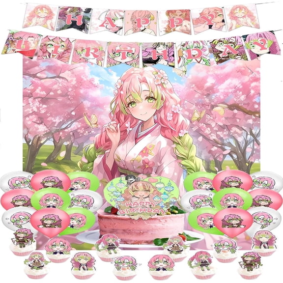 Kanroji Mitsuri Party Supplies, Birthday Party Decorations Set Include Banner, Backdrop, Balloons, Cake Cupcake Toppers, for Boys Girls Anime Theme Party