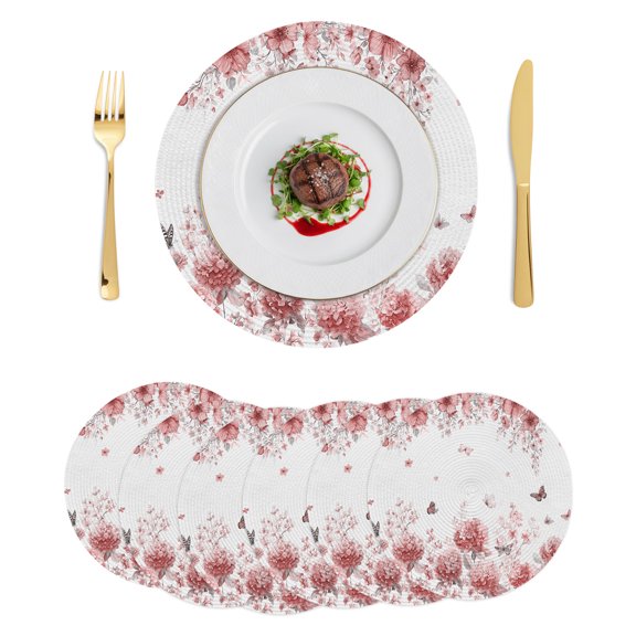 Round Placemats Watercolor Botanical Floral 15 inch Set of 6 Table Mats for Dining Table Rustic Flower Butterfly Pink Heat Resistant Non-Slip Kitchen & Home Decorative Place Mat Set