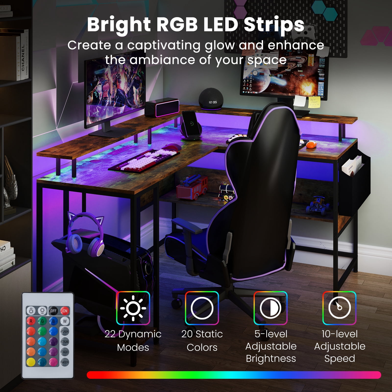 Gymax L-Shaped Gaming Desk w/ LED Lights & Power Outlets Monitor Stand Fabric Bag