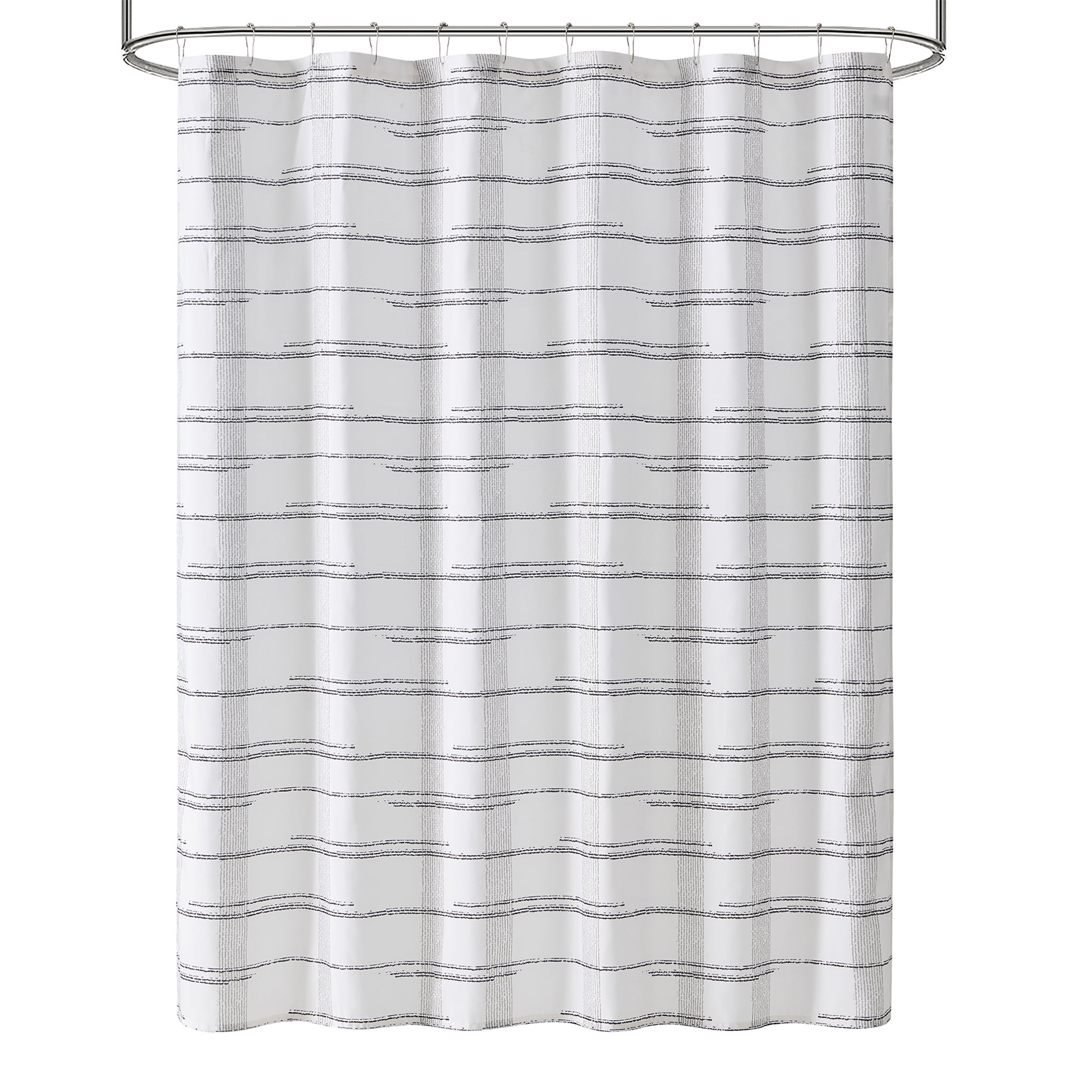 Mainstays 16-Piece Black Plaid Shower Curtain Bathroom Set – Black Fabric Curtain with Rug, Hooks, Soap Pump & Tray