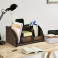 thumbnail image 6 of Wooden Desk Organizer w/ Drawer & Book End, Classic Wood Office Supplies Accessories Desktop Tabletop Sorter Shelf Rack Cherry Brown Pencil Holder Caddy Set (6 Compartments), 6 of 7