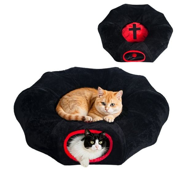 Fantasreen Gothic Cat Tunnel Bed House with Washable Cushion, Fits Indoor Cats up to 25 lbs, Cute Peekaboo Cave Pet Bed, Halloween Goth Design, Red & Black