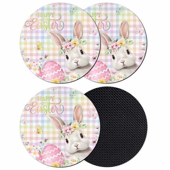 Happy Easter Coasters Set of 4, Absorbent Coasters for Drinks, Spring Easter Bunny Eggs Floral Colorful Plaid Coaster for Desk Coffee Table Protection, Home Decor House Warming Gifts 4"