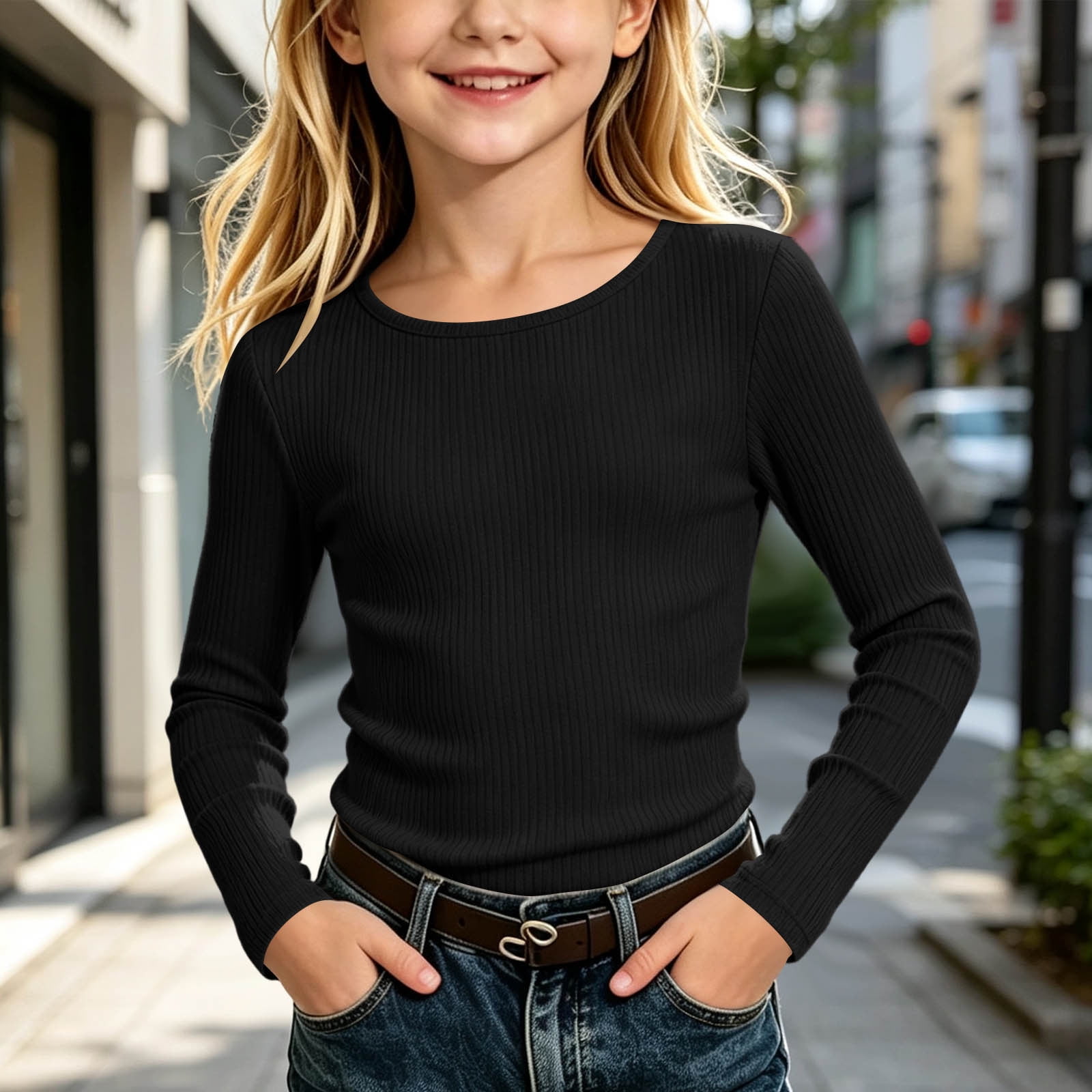 SGFCWSX Girls Long Sleeve Shirts Ribbed Crew Neck Slim Fit Stretchy Base Layer Casual Layering Undershirt for Kids Black Size 11