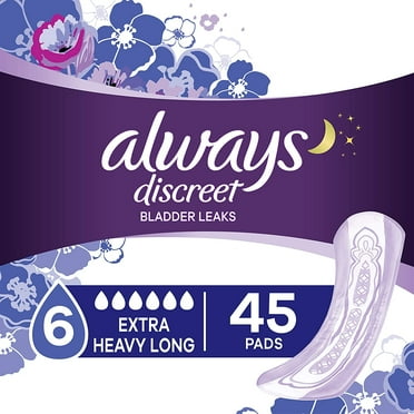 Always Discreet Extra Heavy Long Incontinence Pads, Up to 100% Leak-Free Protection, 45 Count