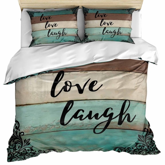 Vintage Boho Bedding 3 Piece Duvet Cover Set Queen Size, Farmhouse Retro Teal Brown Wooden Grain Soft Microfiber Comforter Cover with Zipper Closure & Pillowcases, Wrinkle & FadeResistant Quilt Cover