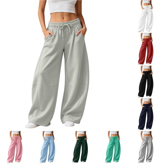 RUTAYY Women's Pants Elastic Drawstring Waist Wide Leg Solid Color Side Pockets Casual Trousers Light Gray