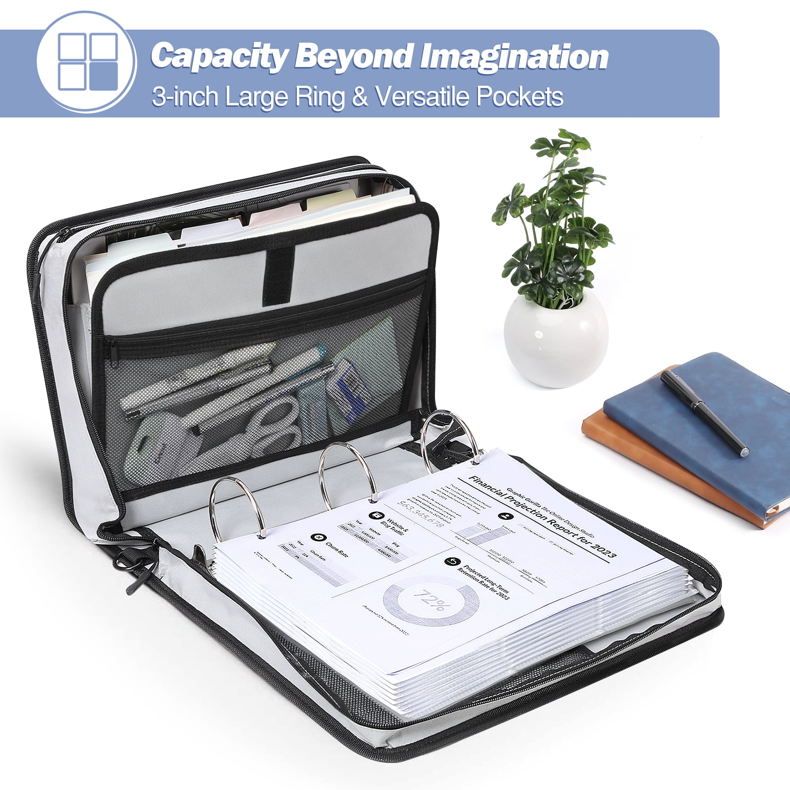 MoKo Zipper Binder, 3 inch 3 Ring Binder, 600 Sheet Capacity Multi-Pocket School Binder Organizer