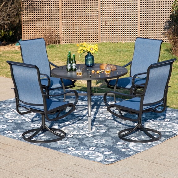 SUMMIT LIVING 5-Piece Outdoor Patio Dining Set with High-Back Swivel Sling Chairs & Round Table for 4-Person with Umbrella Hole, Black & Blue