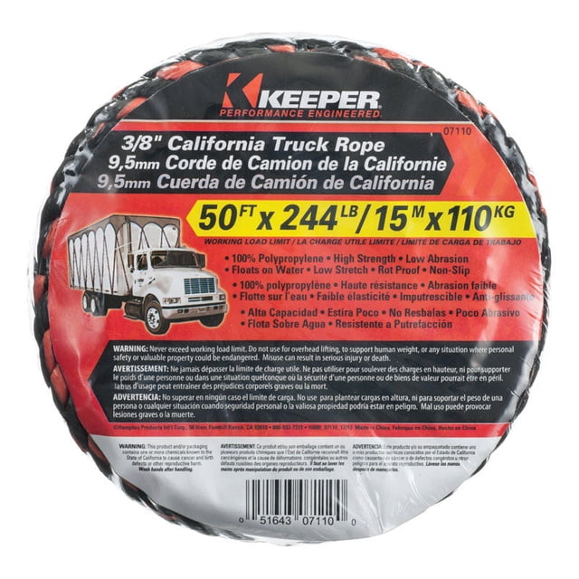 Truck Rope Keeper de 3/8 pulgadas Ancho x 50 pies. L: negro/naranja, 244 libras