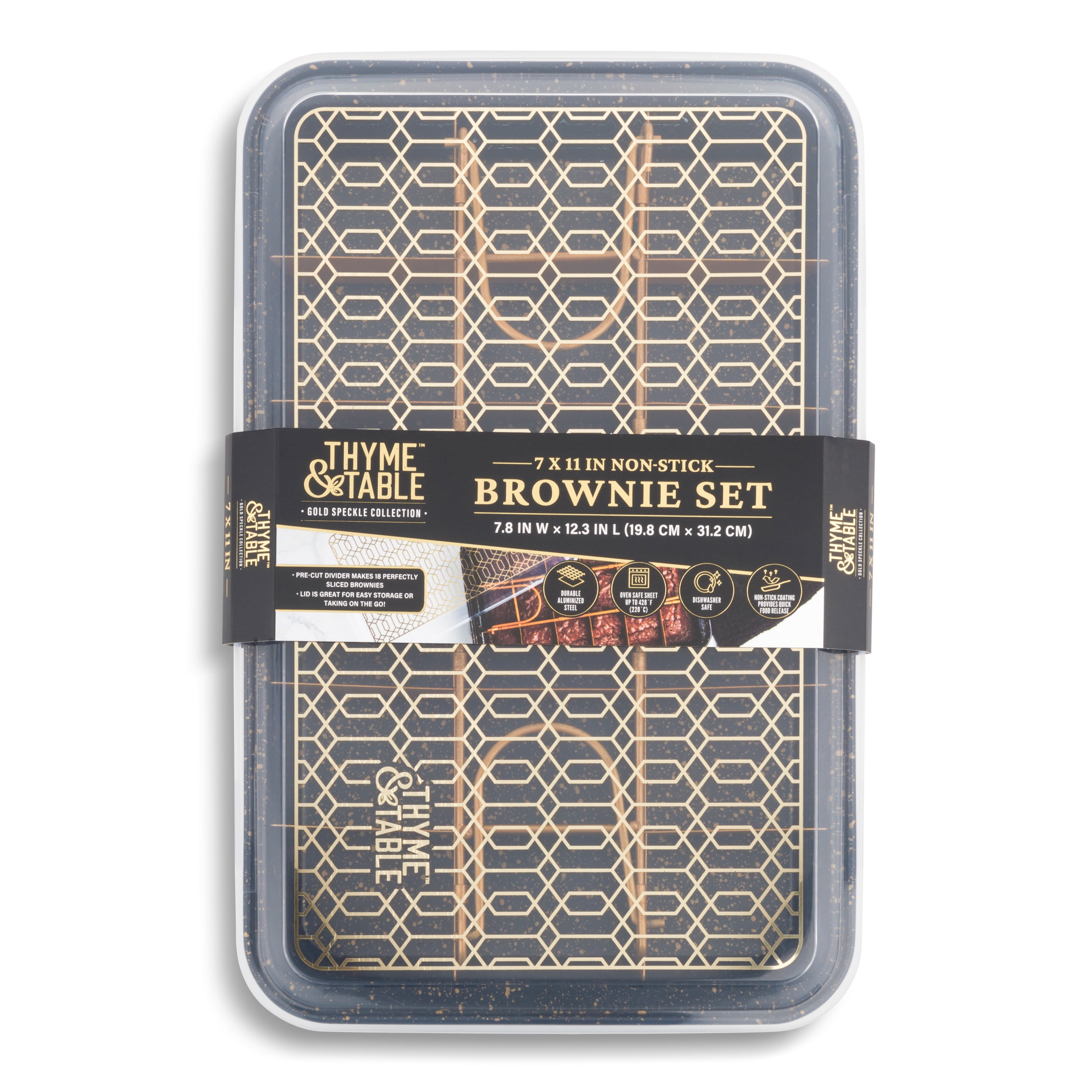 Thyme & Table 7"x11" Nonstick Brownie Baking Pan with Pre-Cut Divider and Plastic Lid, 3-Piece Set