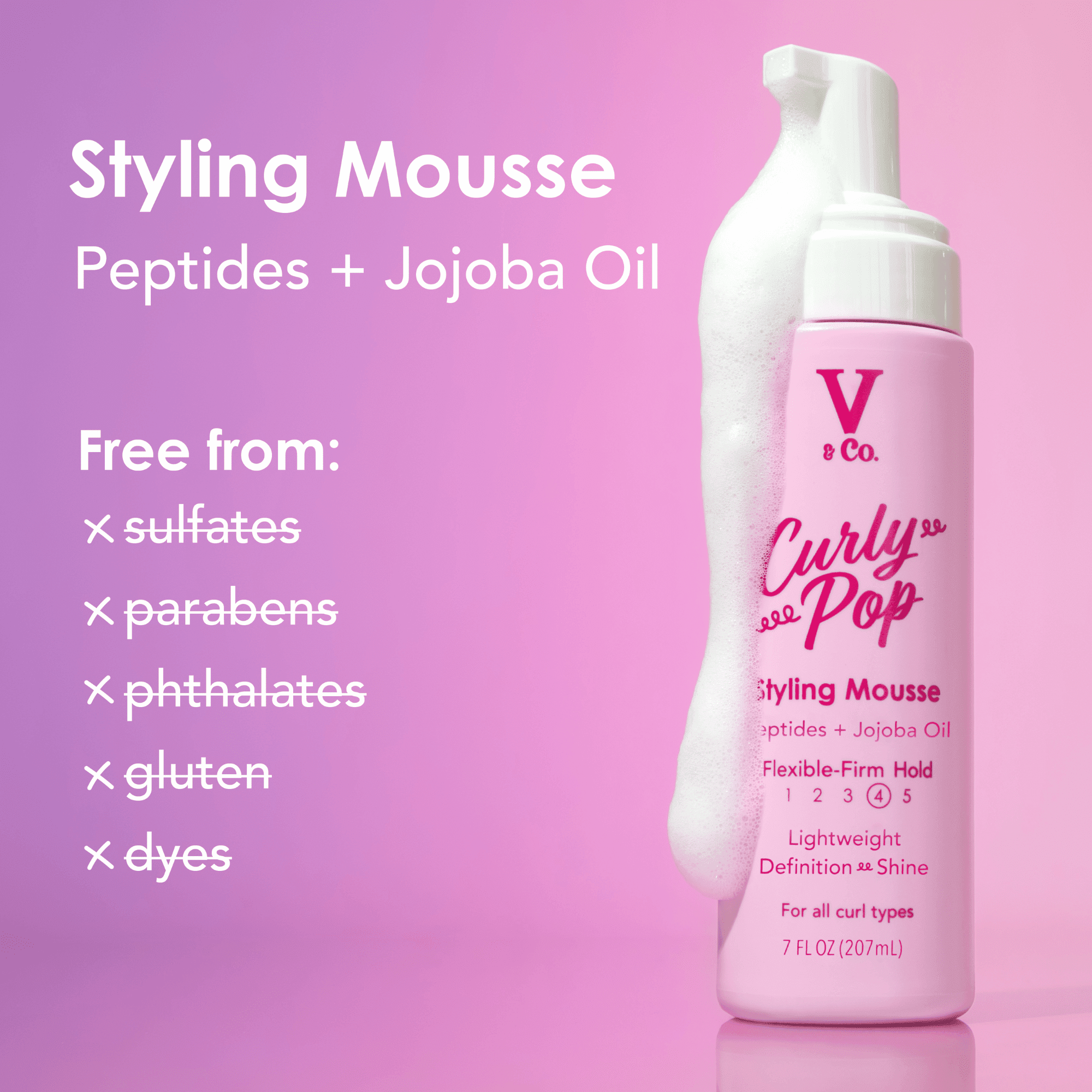 V&Co. Beauty Curly Pop Curl Defining Mousse – Curl Mousse for Curly Hair, Anti Frizz & Moisturizing Hair Care with Peptides & Jojoba Oil, 7 fl oz