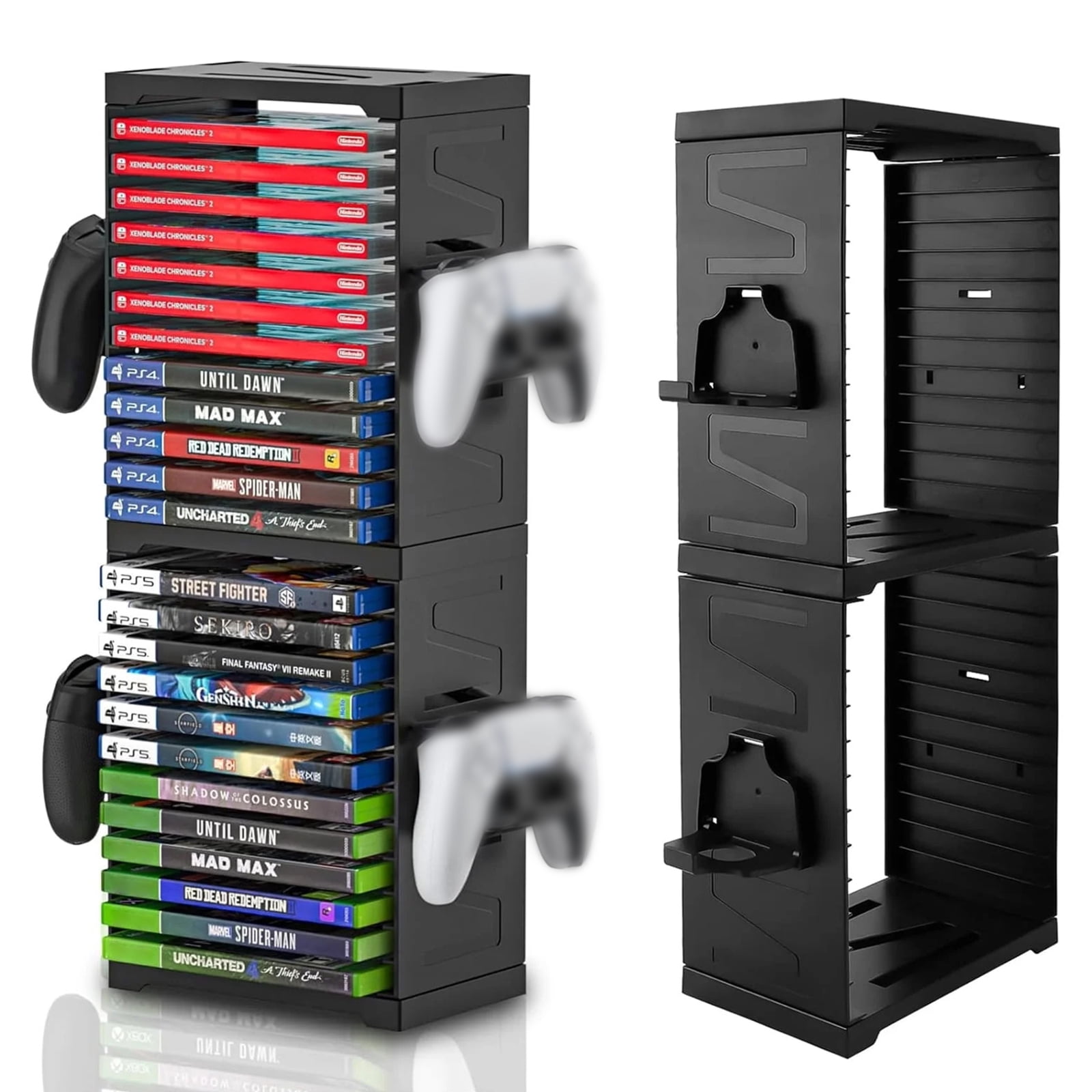 LASIEYO Game Storage Tower for PS5/ PS4/ xBox Series X/S, Universal Video Game DVD Holder Shelf Rack, Holds 24 Disks and 4 Controllers Holders for Nintendo Switch PS5 Playstation 4 Xbox Movies