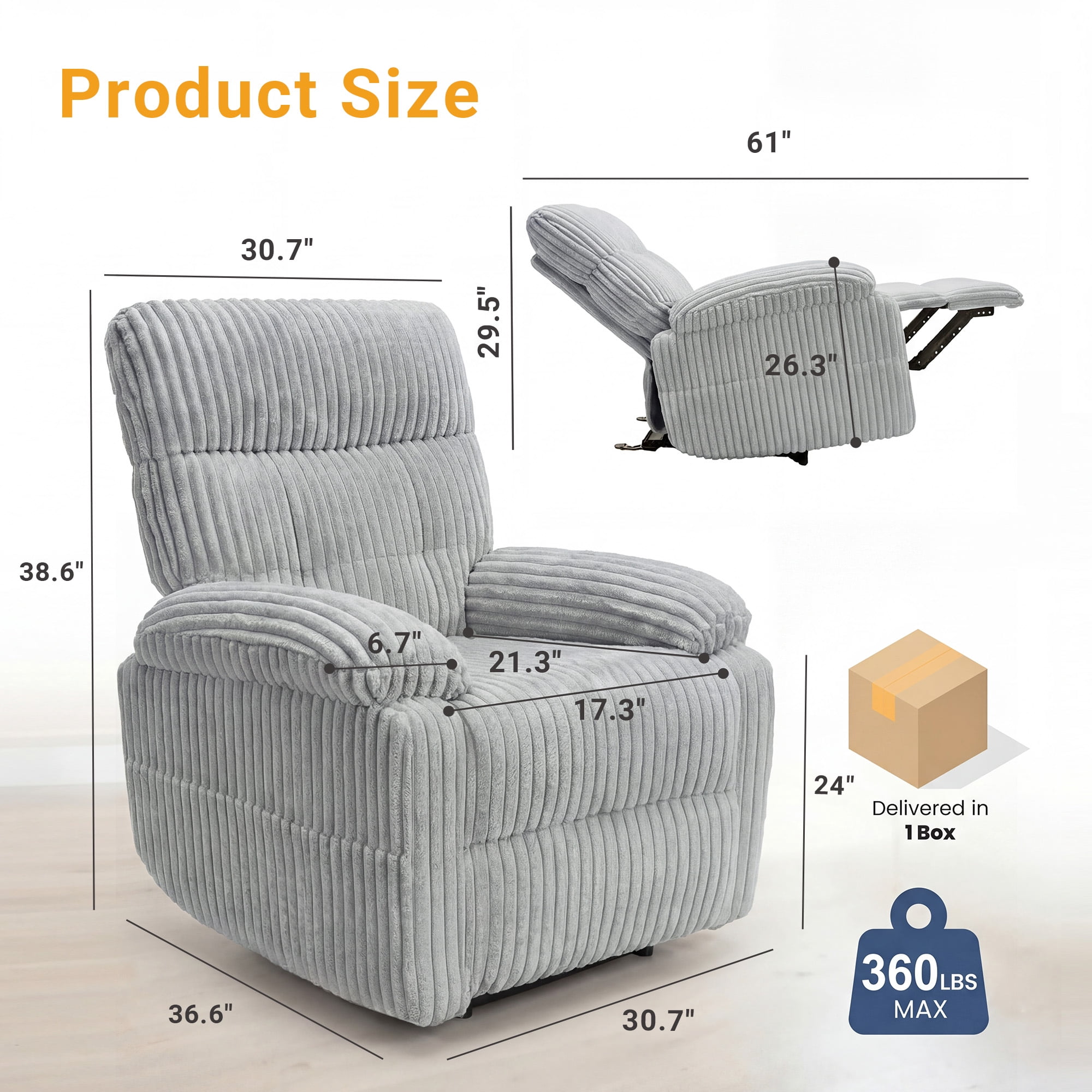 INNOVAR Recliner Sofa for Adults, Zero Gravity Reclining Chair, Oversized Electric Recliners Elderly Chair W/Storage Pockets for Home Living Room,Corduroy,Grey