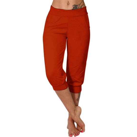 Staron Women's Cropped Pants High Waist Casual Loose Yoga Capris with Pockets Soft Stretchy Workout Lounge Outdoor Sports Pants, Red XL