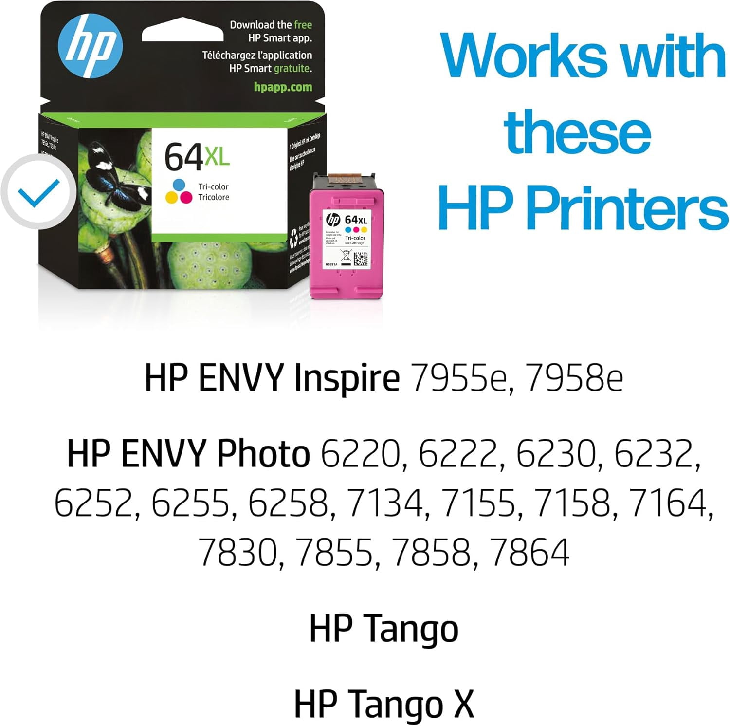 64XL Tri-color High-yield Ink Cartridge for Printers | Works with Printer Series: ENVY Inspire 7950e; ENVY Photo 6200, 7100, 7800; Tango | Eligible for Instant Ink | N9J91AN