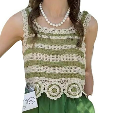 

JUNTEX Women Vintage Hollow Out Crochet Floral Contrast Color Camisole Scalloped Trim