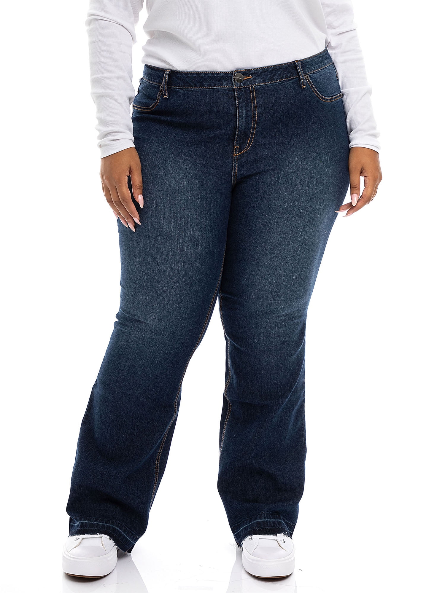 A3 Denim Women's Plus Size High Rise Released Raw Hem Flare Jeans ...