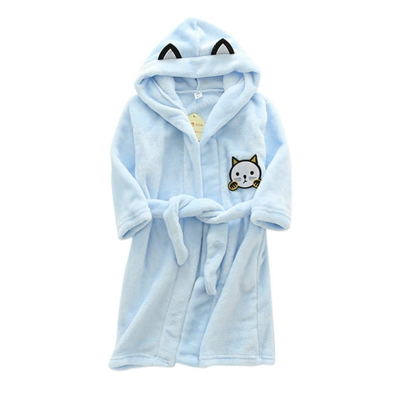 WOYY Toddler Girls Flannel Hooded Bathrobe Cute Cartoon Cat Warm Sleepwear Night-Robe