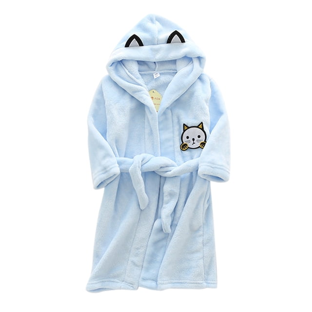 Sunnyoo Big Girls Flannel Hooded Bathrobe Cute Cartoon Cat Warm Sleepwear Night-Robe