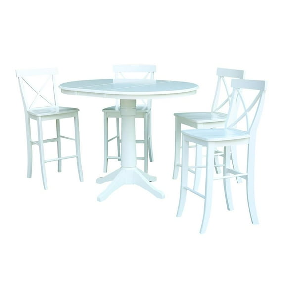 36" Round Counter Height Table with 12" Leaf and 4 X-back Stools – White - 5 Piece Set