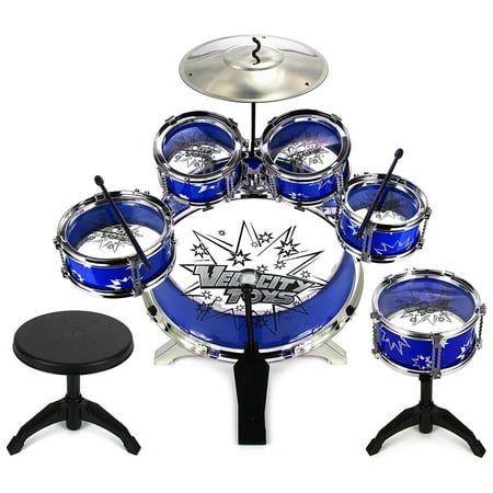 11 Piece Children's Kid's Musical Instrument Drum Play Set w/ 6 Drums, Cymbal, Chair, Kick Pedal, Drumsticks (Blue) Instruments for (Best Games To Play Drunk)