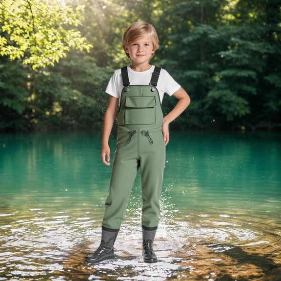 Wuxian Kids Chest Waders Solid Color Cartoon Print Sleeveless Youth Fishing Waders With Boots Waterproof Boys Girls Breathable Suspender Trousers Lightweight Bootfoot Sets,Army Green,2.5-3 Years