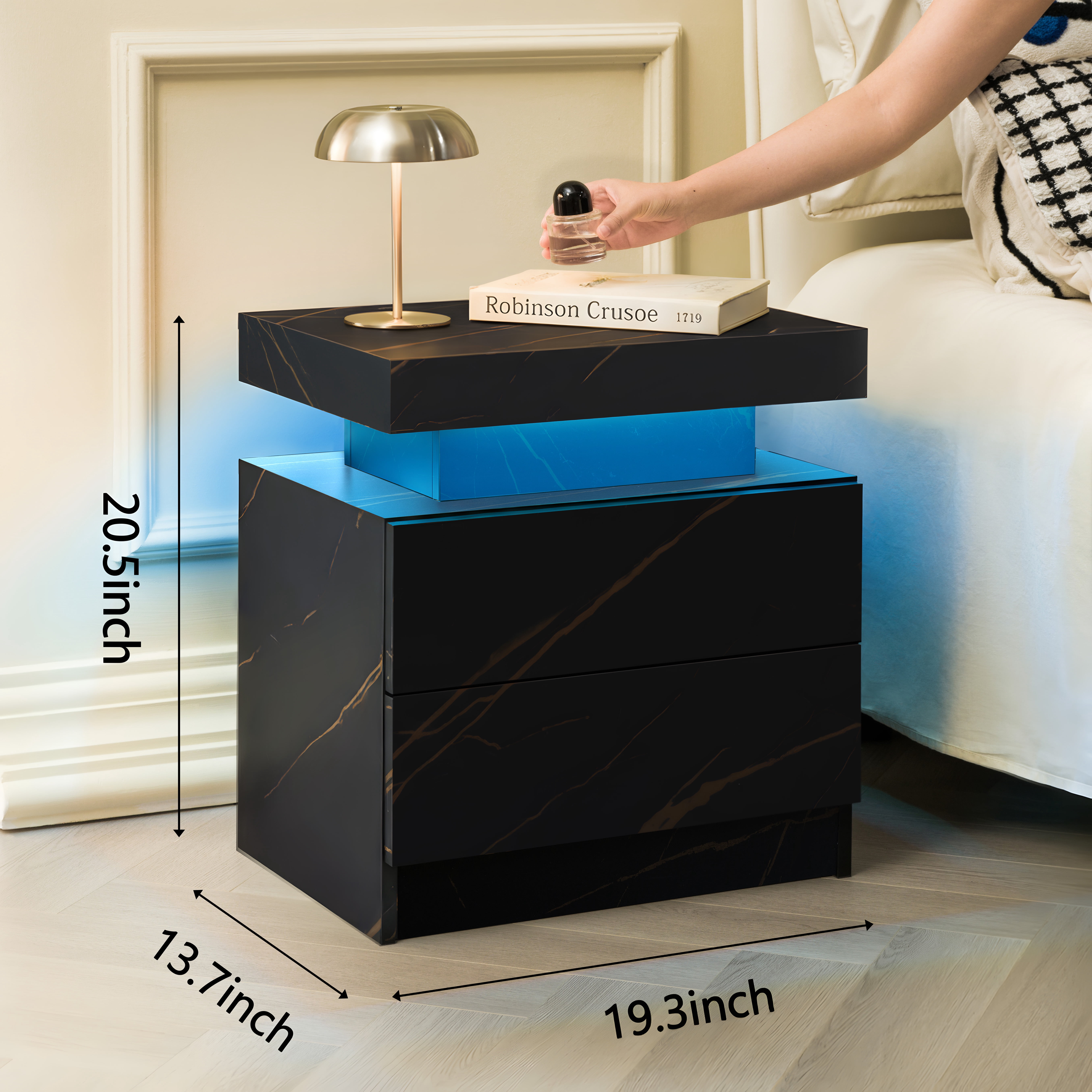 Nightstand LED Bedside Table Cabinet Lights Modern End Side with 2 Drawers for Bedroom (Black Gold)