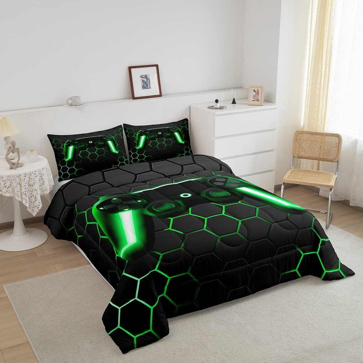 Gamer King Comforter Set – 3D Indigo Blue Gaming Bedding For Boys, Teens, Men, 3-Piece Quilt Set With Hexagon Design