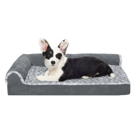 UPC: 0842229104653 | FurHaven Pet Products Two-Tone Faux Fur & Suede Deluxe Orthopedic Chaise Lounge Pet Bed for Dogs & Cats – Stone Gray Medium