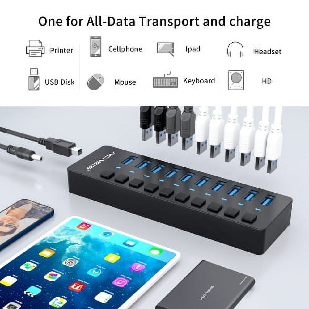 ACASIS USB 3.0 10-Port Hi-Speed Hub with Individual Switches and Group Control Support