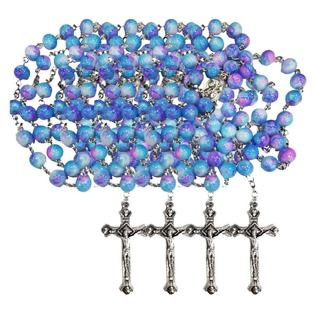 Collares Colgantes de Rosario VentDepot CatholicDivin05 4Pzas 57cm 2.3x4.2cm Cruz Cuentas 8mm Vidrio Azul/Morado