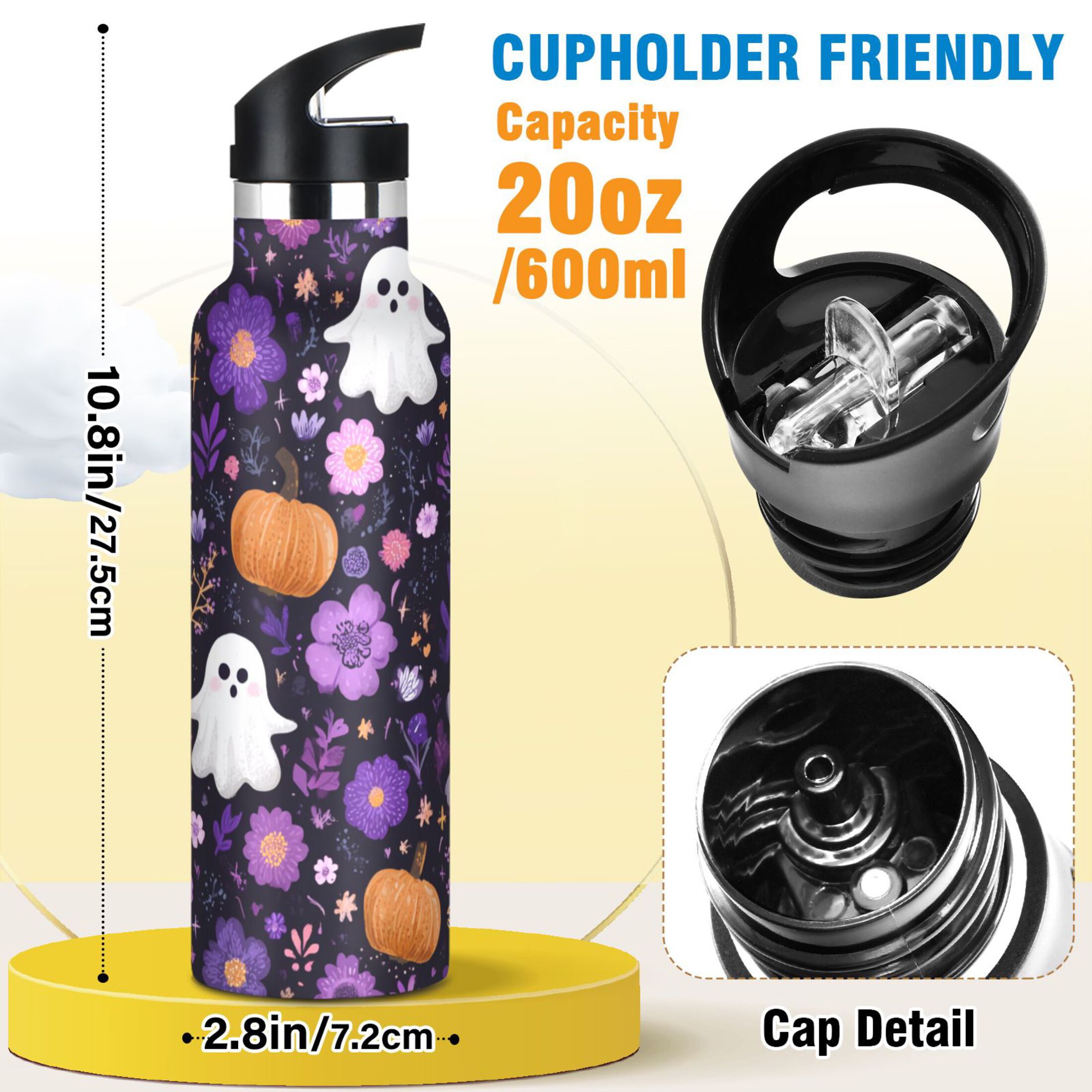 Kids Insulated Stainless Steel Sports Water Bottle 600ml (20oz) Purple Flowers and Pumpkins