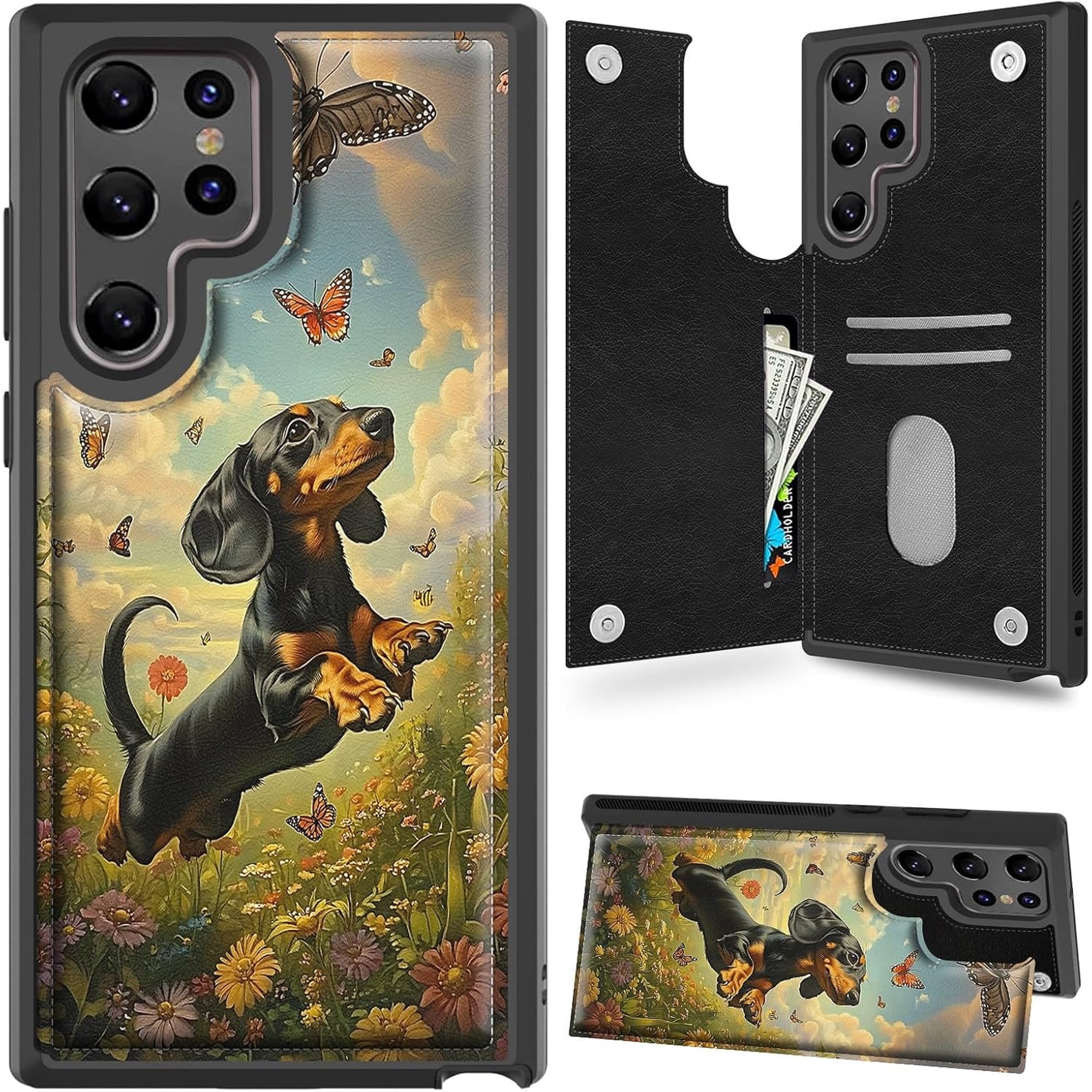 Case for Galaxy S25 Ultra Case Wallet Case with Card Holder, PU Leather Kickstand Double Magnetic Clasp Shockproof Cover Case for Samsung Galaxy S25 Ultra 6.8 inch 2025 - Dachshund Dog