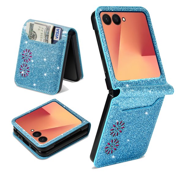 COAROVER Slim Glitter Wallet Case for Samsung Galaxy Z Flip8,Fashion PU Leather Shockproof Phone Cover with Card Slot,Skyblue