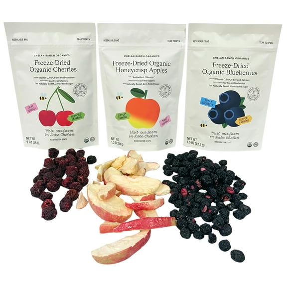 Chelan Ranch Organics Freeze-Dried Organic Fruit Variety Pack, Cherries, Honeycrisp Apples, Blueberries, Zero Added Sugar, Non-GMO & Vegan, Net Wt 4.7 Ounce (3-Pack)