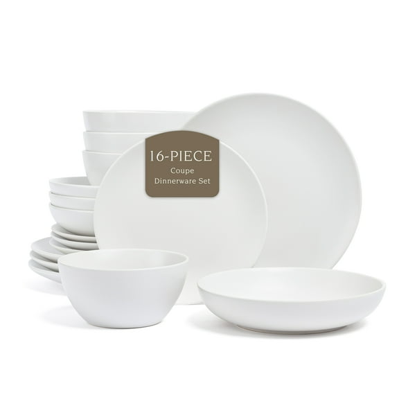 over&back Coupe Dinnerware Set - Stoneware Dishes - Comes with 4 Dinner Plates, 4 Salad Plates, 4 Cereal Bowls, and 4 Dinner Bowls - 16-Piece All-Occasion Place Settings - Semi-Matte White