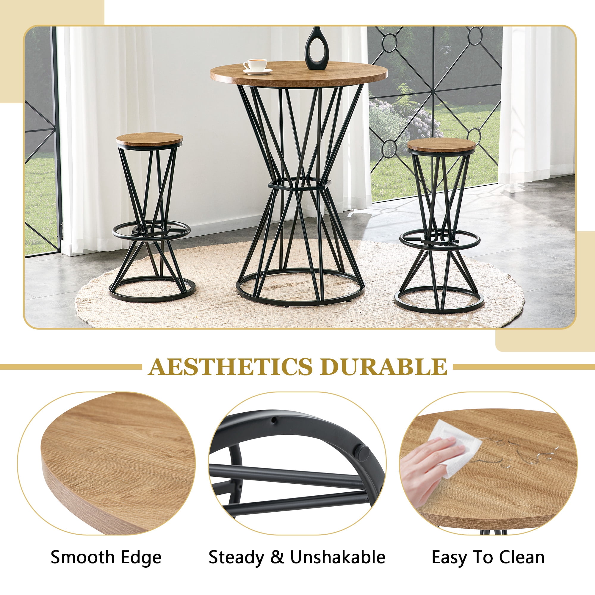 3-Piece Industrial Bar Table and Chair Set, 31.5-Inch Wood Grain MDF Bar Table with Black Metal Frame and 2 Stools, Modern Pub Dining Set for Kitchen Island Home Bar, Black Wood