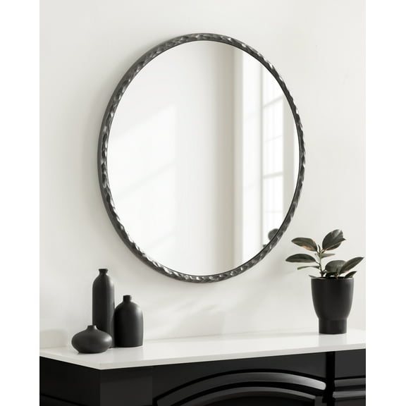 Kate and Laurel Jedda Modern Textured Round Mirror, 26 Inch Diameter, Gray Gunmetal, Decorative Circle Mirror with Textured Resin Frame for Use as Bathroom Mirror for Vanity or Minimal Bedroom Mirror